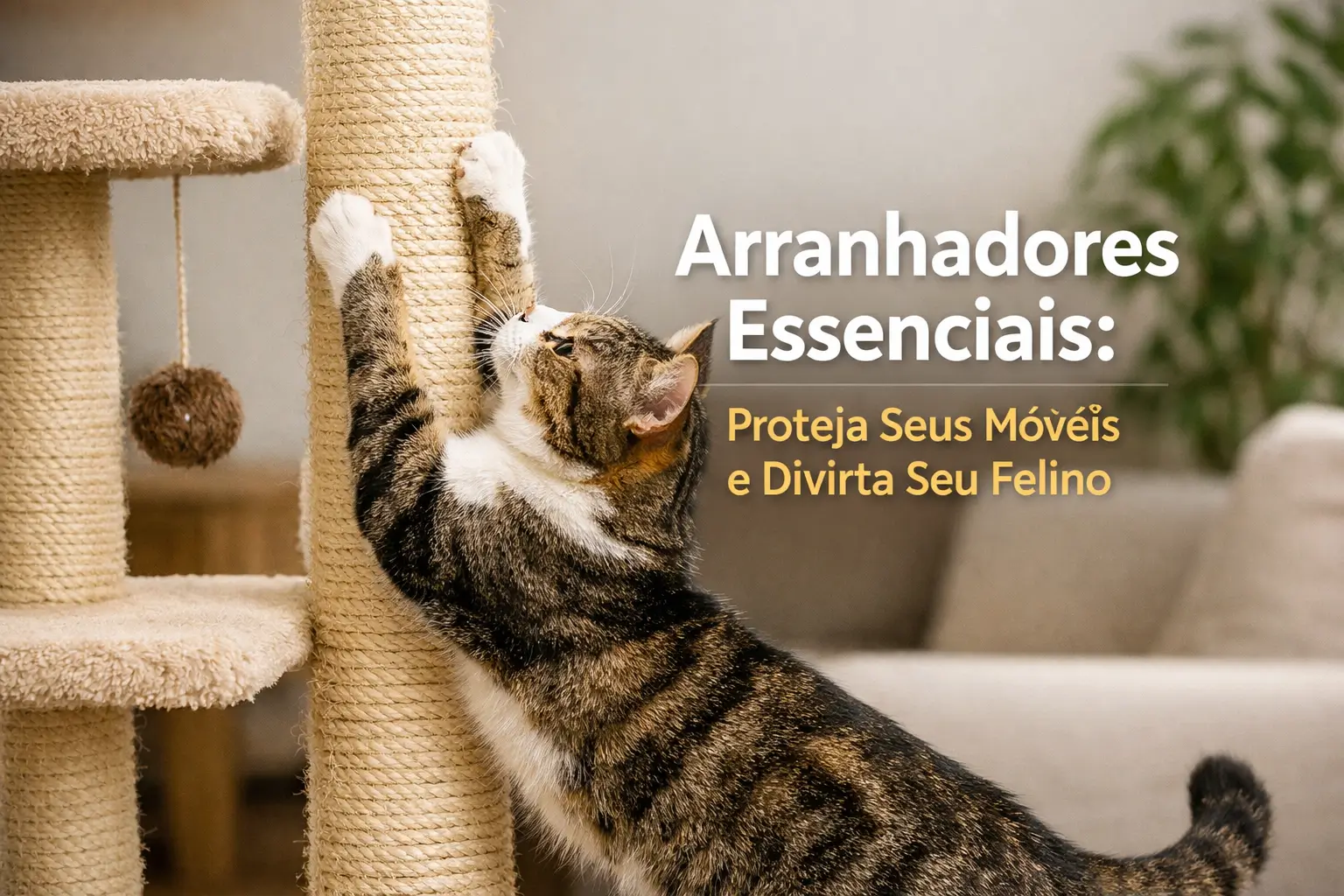 Gato listrado arranhando poste de fibra natural com brinquedo