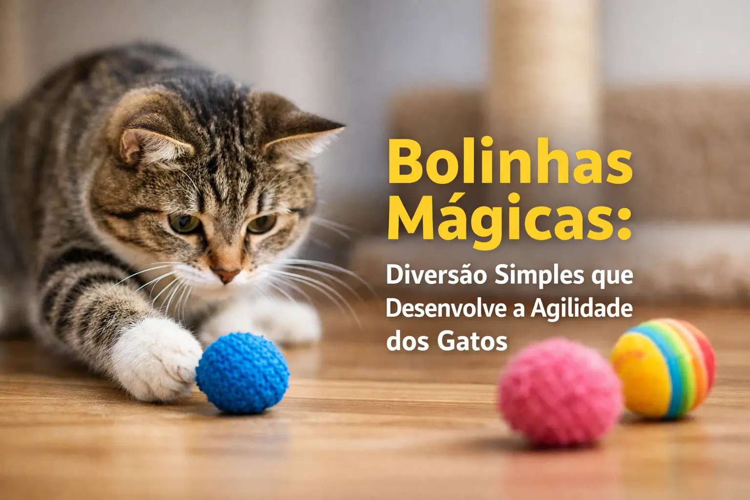 Gato brincando com bola azul texturizada e bolinhas coloridas