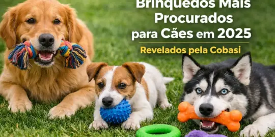 Cachorros felizes com brinquedos populares em 2025 no gramado