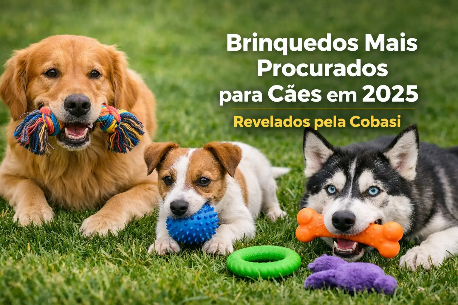 Cachorros felizes com brinquedos populares em 2025 no gramado