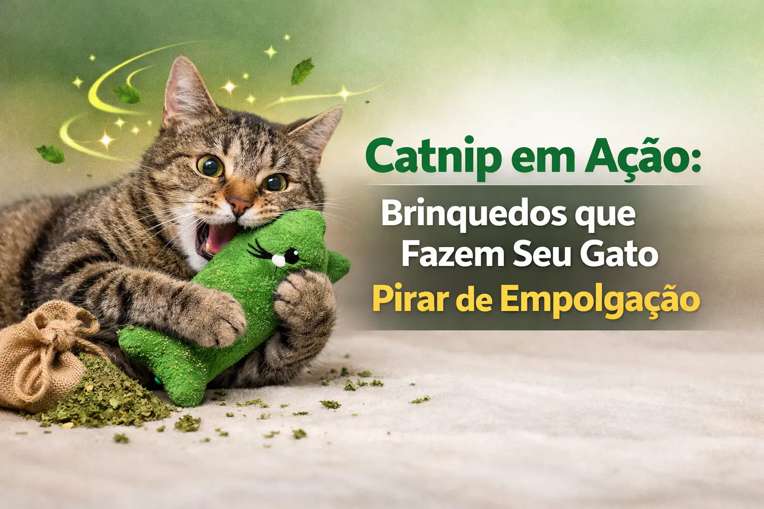 Gato animado brinca com peixe de pelúcia verde em meio a catnip