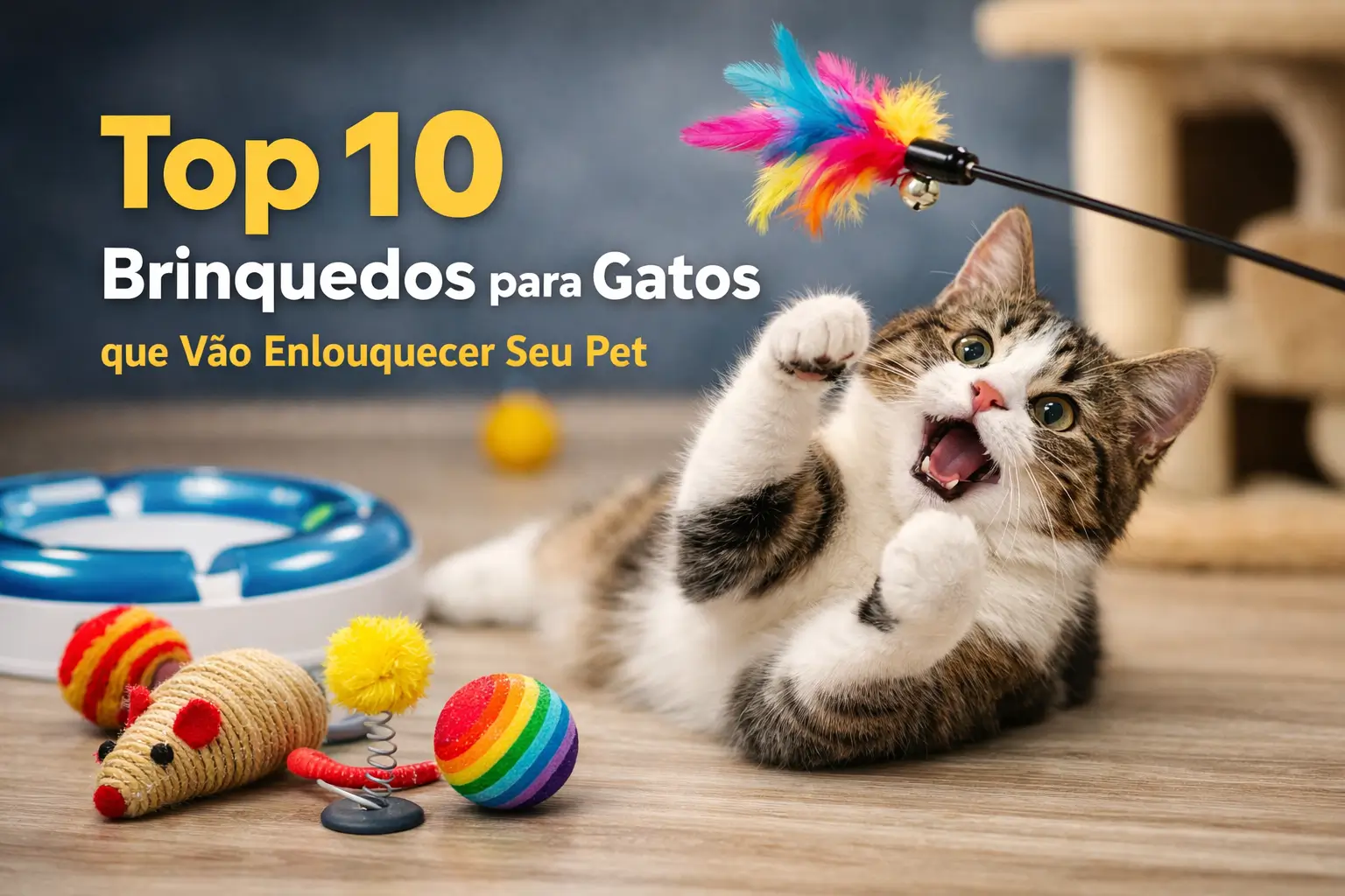 Gato brincando com brinquedos coloridos, brinquedo de pena em destaque