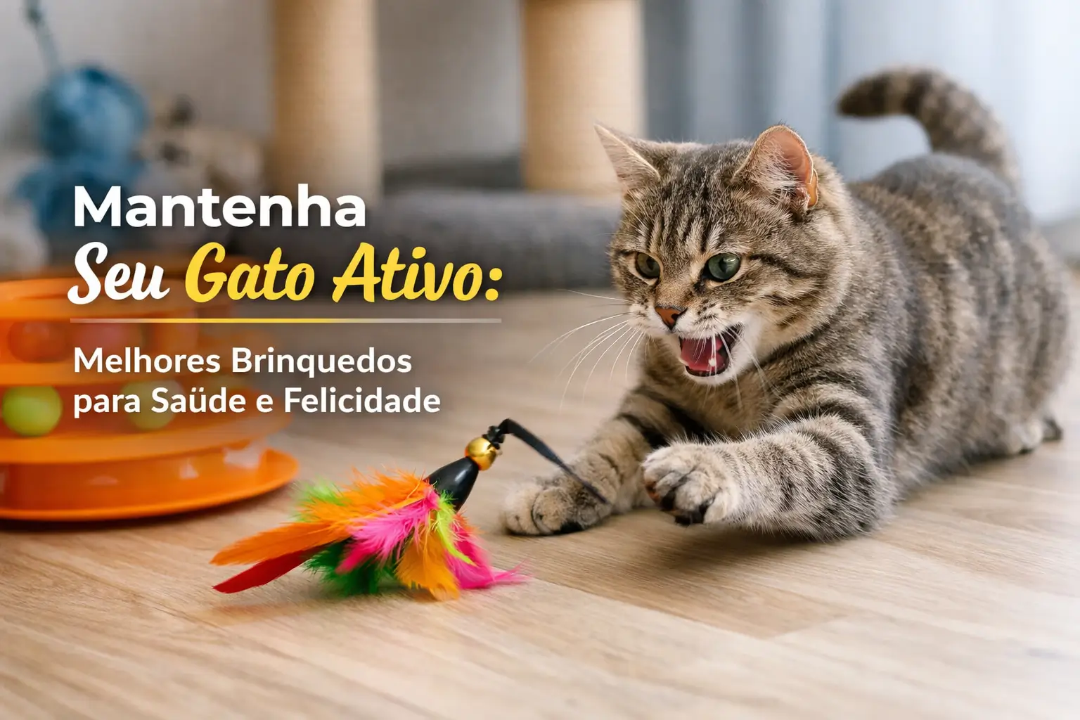 Gato brincalhão interage com brinquedo colorido em ambiente aconchegante