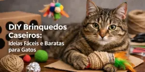 Gato brincando com brinquedo artesanal de penas e materiais caseiros
