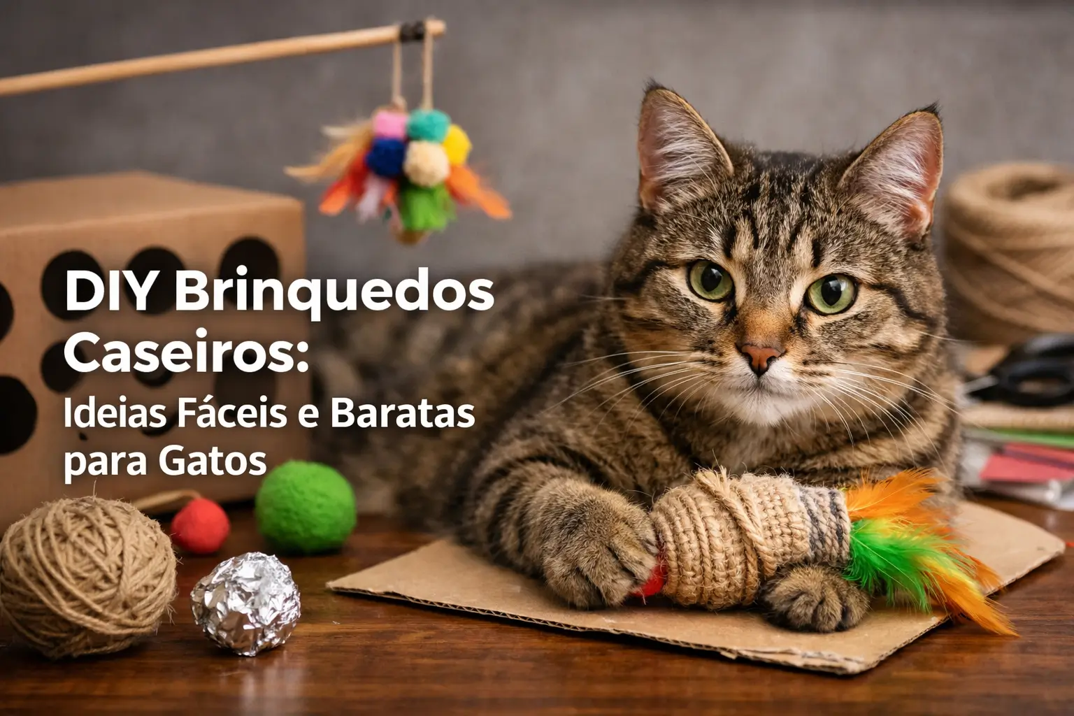 Gato brincando com brinquedo artesanal de penas e materiais caseiros