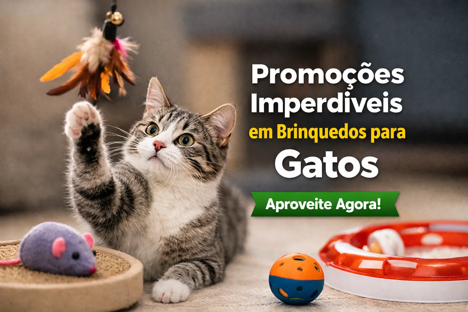 Gato brincando com brinquedo e promoções de brinquedos para gatos
