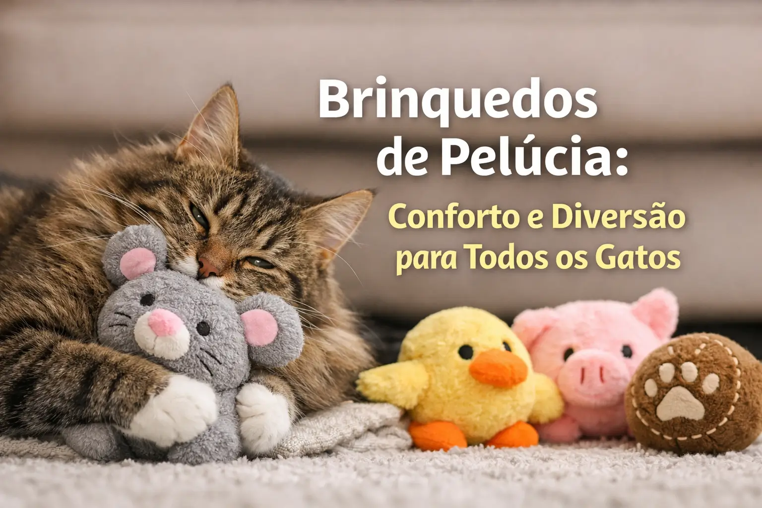 Gato marrom tabby aconchegado com brinquedos e foco nos pelúcias