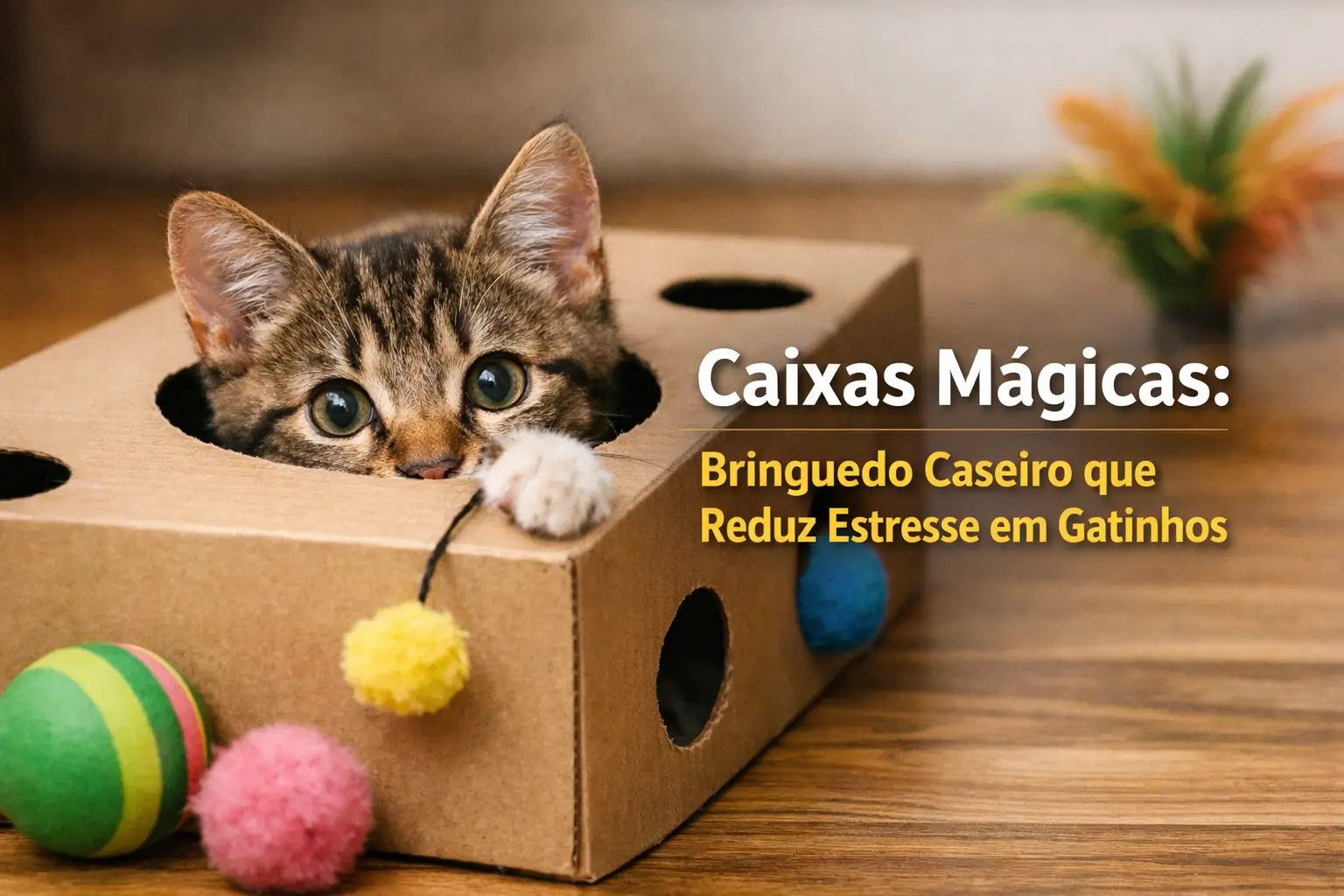 Gatinho fofo em caixa mágica com pompons e bolas