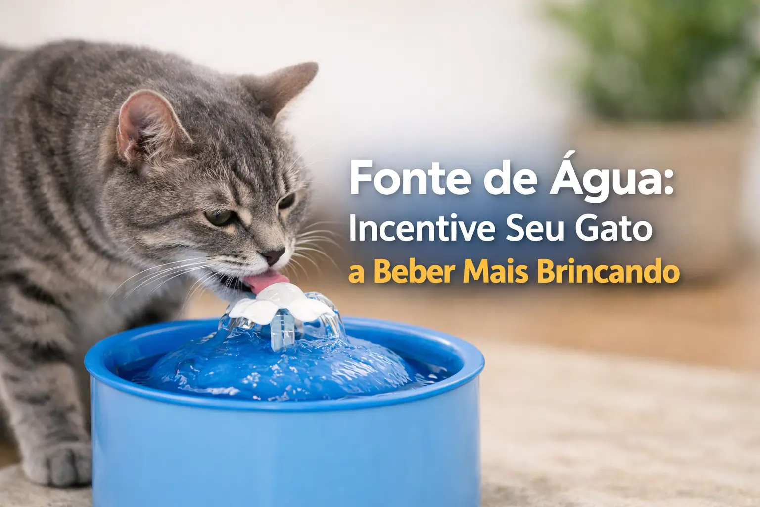 Gato cinza bebendo em fonte azul divertida indoor