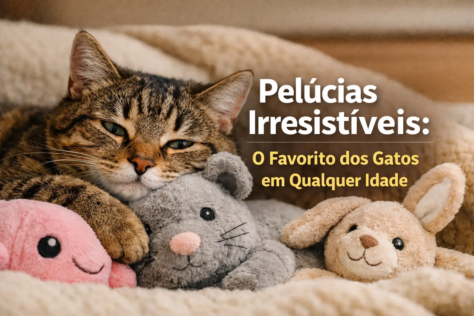 Gato malhado relaxando com brinquedos de pelúcia em manta aconchegante