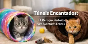 Gato cinza saindo de túnel arco-íris e gato laranja em túnel marrom