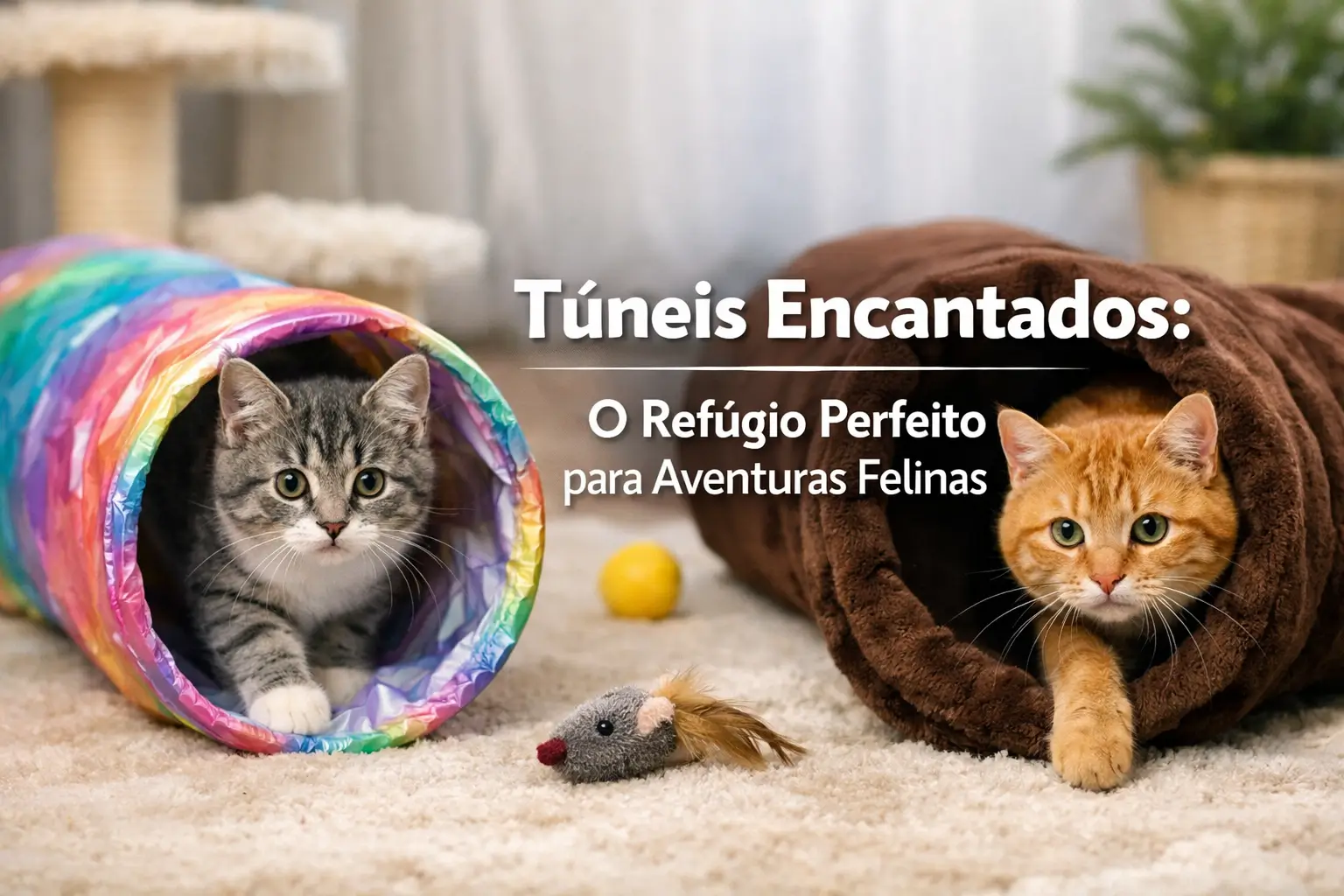 Gato cinza saindo de túnel arco-íris e gato laranja em túnel marrom