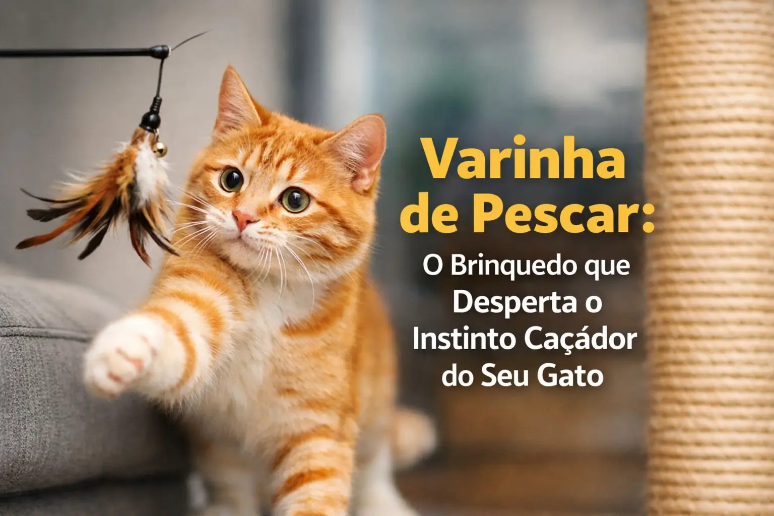 Gato laranja brincando com varinha de pescar brinquedo para gatos